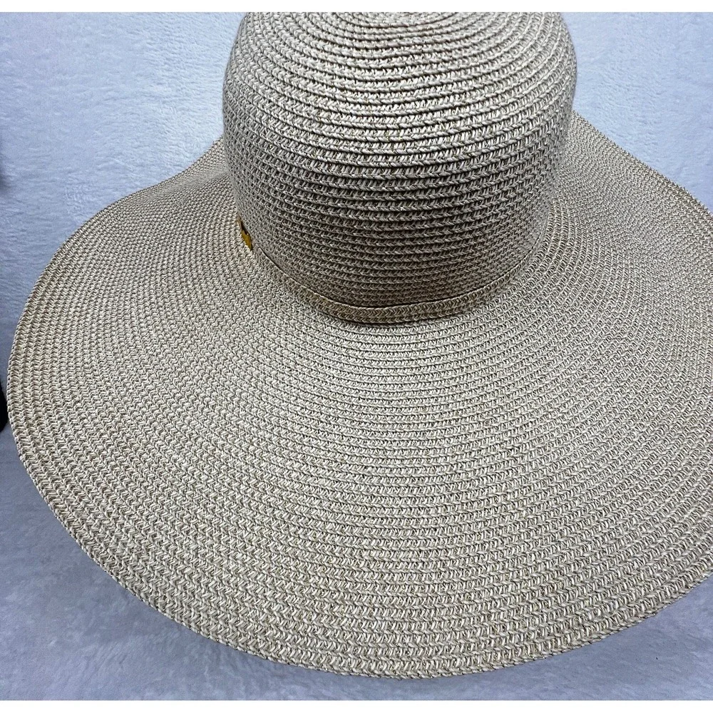 Womens Hat Wide Brim Gold White APT9 Decorative Band Sun‎ Beach Vacation Party